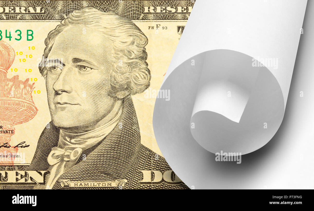 Dieci dollari con scorrimento bianco della carta. Foto Stock