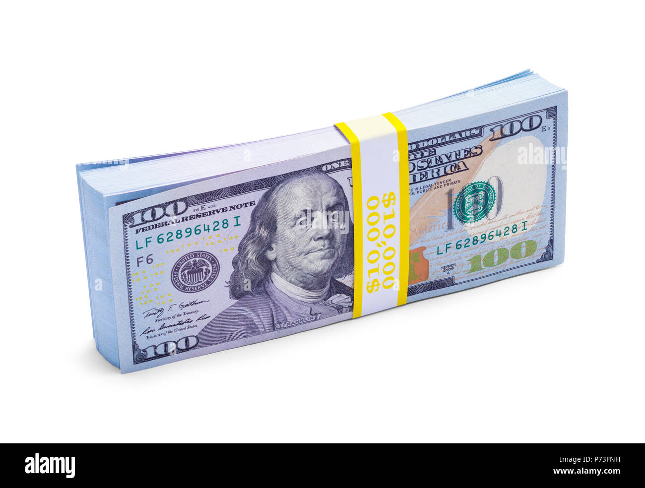 Pila di banconote da cento dollari isolato su uno sfondo bianco. Foto Stock