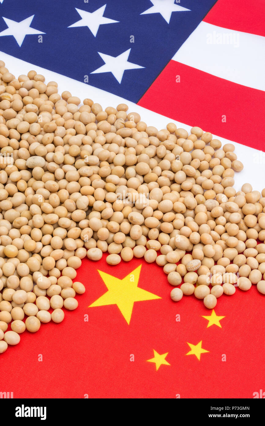 Bandiera cinese + US / bandiera a stelle e strisce con semi di soia secchi. Metafora USA-Cina guerra commerciale cinese e tariffe su di noi le importazioni di soia, guerra commerciale in Cina Foto Stock