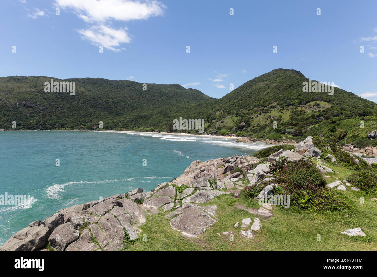Florianopolis, Santa Catarina, Brasile. Spiaggia bellissima vista del paesaggio con vegetazione nativa e colline con cielo blu in background sul soleggiato estate Foto Stock
