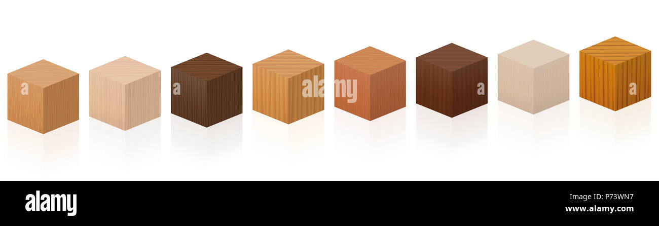 Cubi di legno - set di campioni con colori differenti, smalti, texture da vari alberi di scegliere - marrone scuro, grigio chiaro, rosso, giallo e arancione. Foto Stock