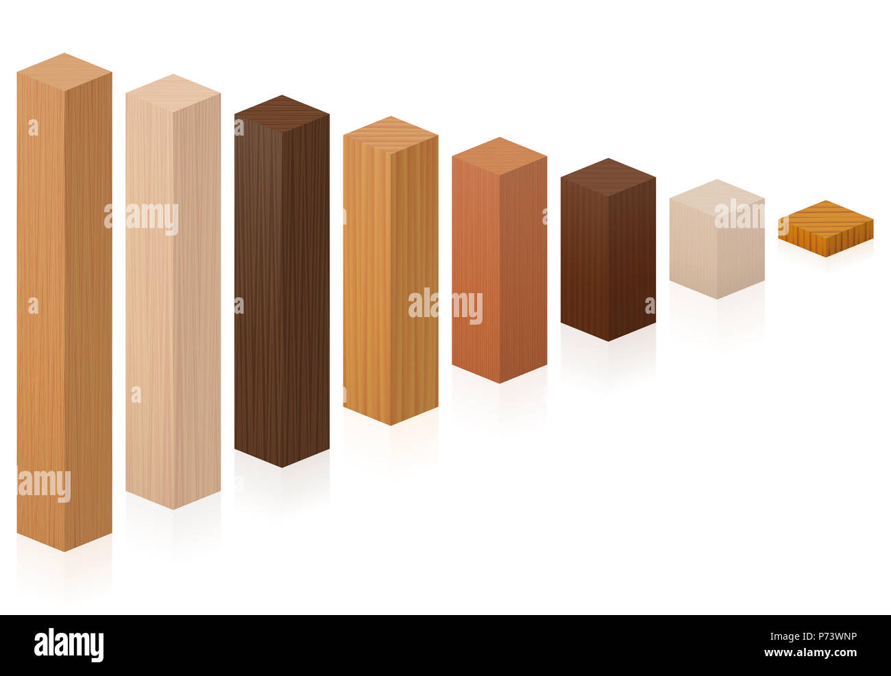 Pezzi di diversi tipi di legno sempre più breve - blocchetti di legno da vari alberi - illustrazione su sfondo bianco. Foto Stock