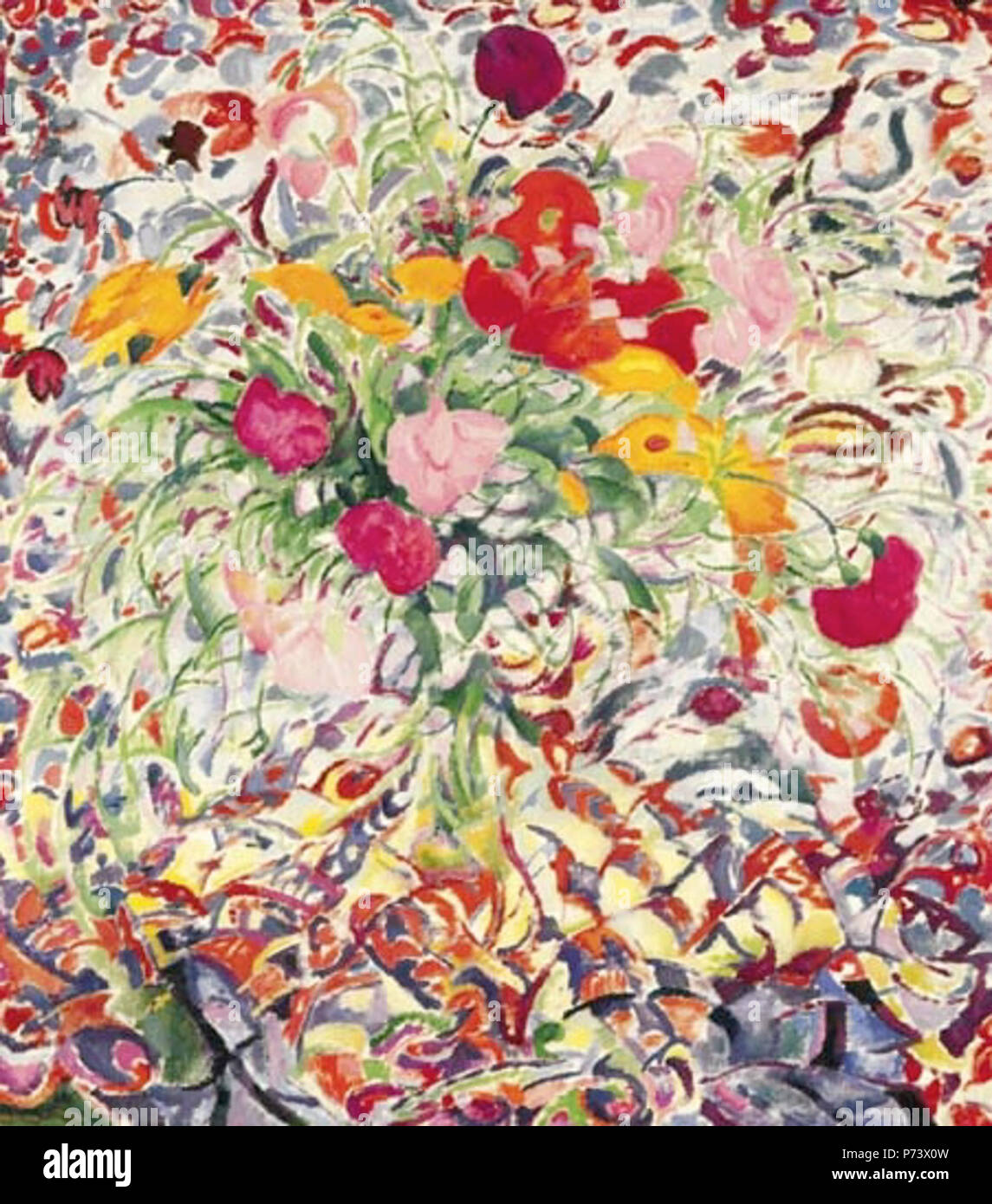 Inglese: Bloemen voor gebloemde lap (fiori nella parte anteriore di un fiorito panno). Firmato e datato Leo Gestel 1913, olio su tela, 111 x 85 cm . 1913 38 Leo Gestel Bloemen voor gebloemde giro 1913 Foto Stock