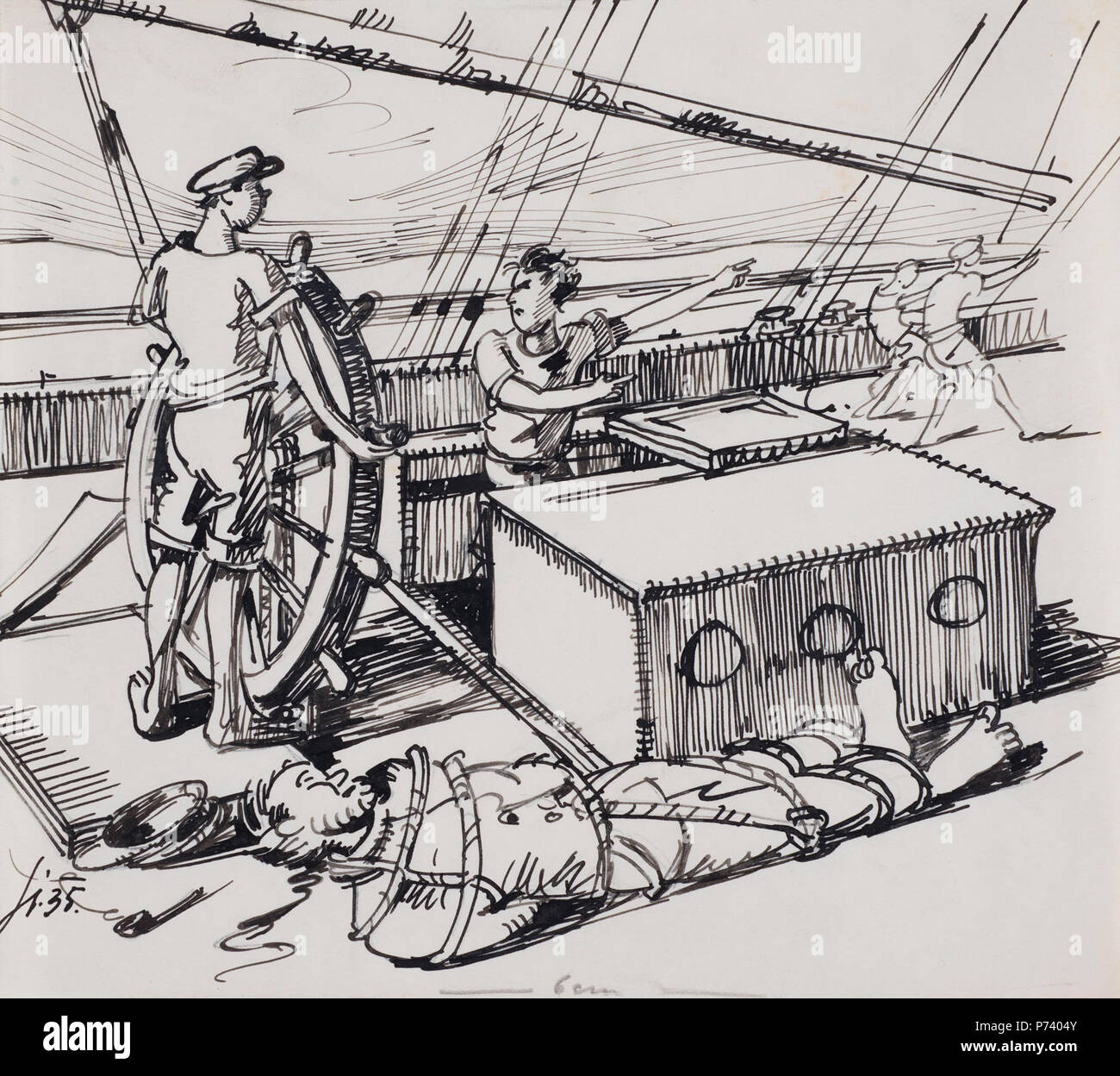 2 Albert Sirk - Ilustracija za knjigo Bratovščina Sinjega galeba - Mihael za krmilom Meteorja Foto Stock