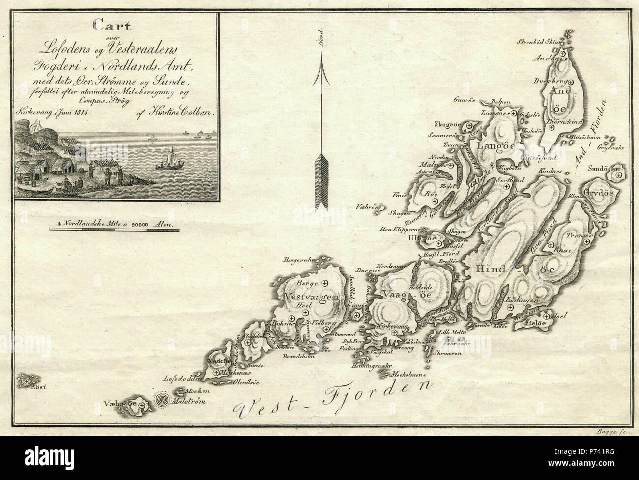 Kart nel corso di Lofoten og Vesterålen - Mappa delle isole Lofoten e Vesterålen - cartografo Kirstine Colban ca 1814 Foto Stock