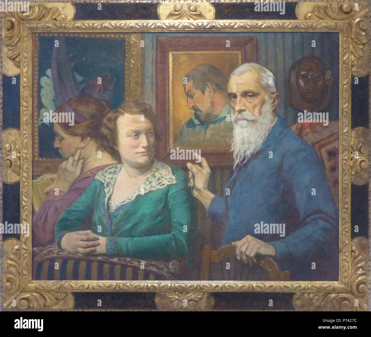 . Omaggio a Gauguin . Français : Perpignan (Pyrénées-Orientales, Francia), Musée Hyacinthe Rigaud Il duomo, raccolta peinture civile. Dans un salon : à gauche, Mme de Monfreid, de profil ; au centre sa soeur, en robe verte ; et à droite le peintre à la barbe blanche et à l'abitudine bleu, désignant le portrait de Gauguin, 'la barque' et le 'masque de Tehura' en bois sculpté. . 1925 199 Rigaud Il duomo37,Hommage Gauguin Monfreid Foto Stock