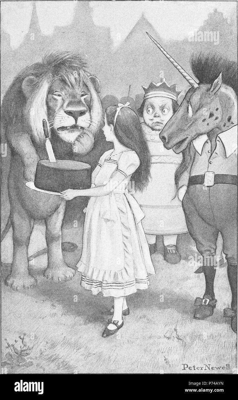 Inglese: ''qual è questo" ha detto, lampeggiante pigramente a Alice". Illustrazione di Peter Newell a 'attraverso il Looking-Glass e quello che Alice vi trovarono', Capitolo "Il Leone e il bufalo' . 1902 178 Peter Newell - attraverso lo specchio e quello che Alice vi trovarono 1902 - pagina 142 Foto Stock