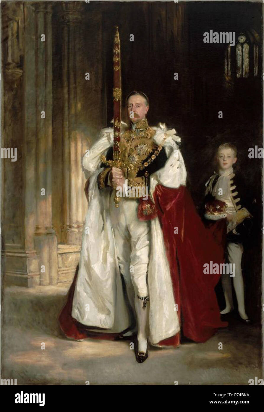 . Inglese: Charles Vane-Tempest-Stewart, sesto Marchese di Londonderry, portando la grande spada dello Stato all'incoronazione del re Edward VII, agosto 1902, e il sig. W. C. Beaumont, la sua pagina in tale occasione 1904 3 6thMarquessOfLondonderry Foto Stock