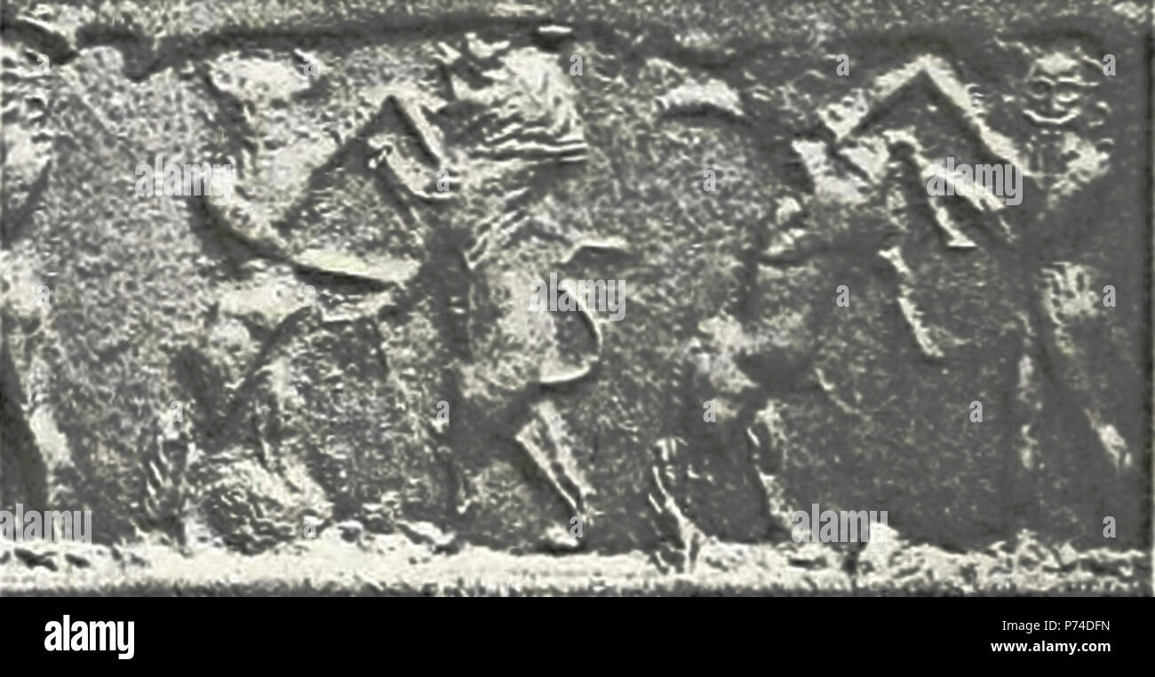 Français : Deux scènes symétriques. - A. Gilgamesh, le corps sanglé dans une ceinture à trois rayures dont l'extrémité pend le long de sa jambe, lutte avec onu Biancheria Taureau dressé qu'il tient jiar une corne et par l'ONU des membres antérieurs. - B. Enkidou saisit par la crinière et par l'une des patte" onu dressé lion, la coda relevée, qui de la patte libre lui agrippe le bras au-dessus du coude. Epoque d'Ag.idé. - Jaspe vert. - 23 x 17 mm. - Inv. : AO 1512 (acquis en 1886). François Thureau-Dangin. Catalogo des cylindres, cachet et pierres gravées de stile orientale. 1920 . 1920 48 Sumer et Akkad. Foto Stock