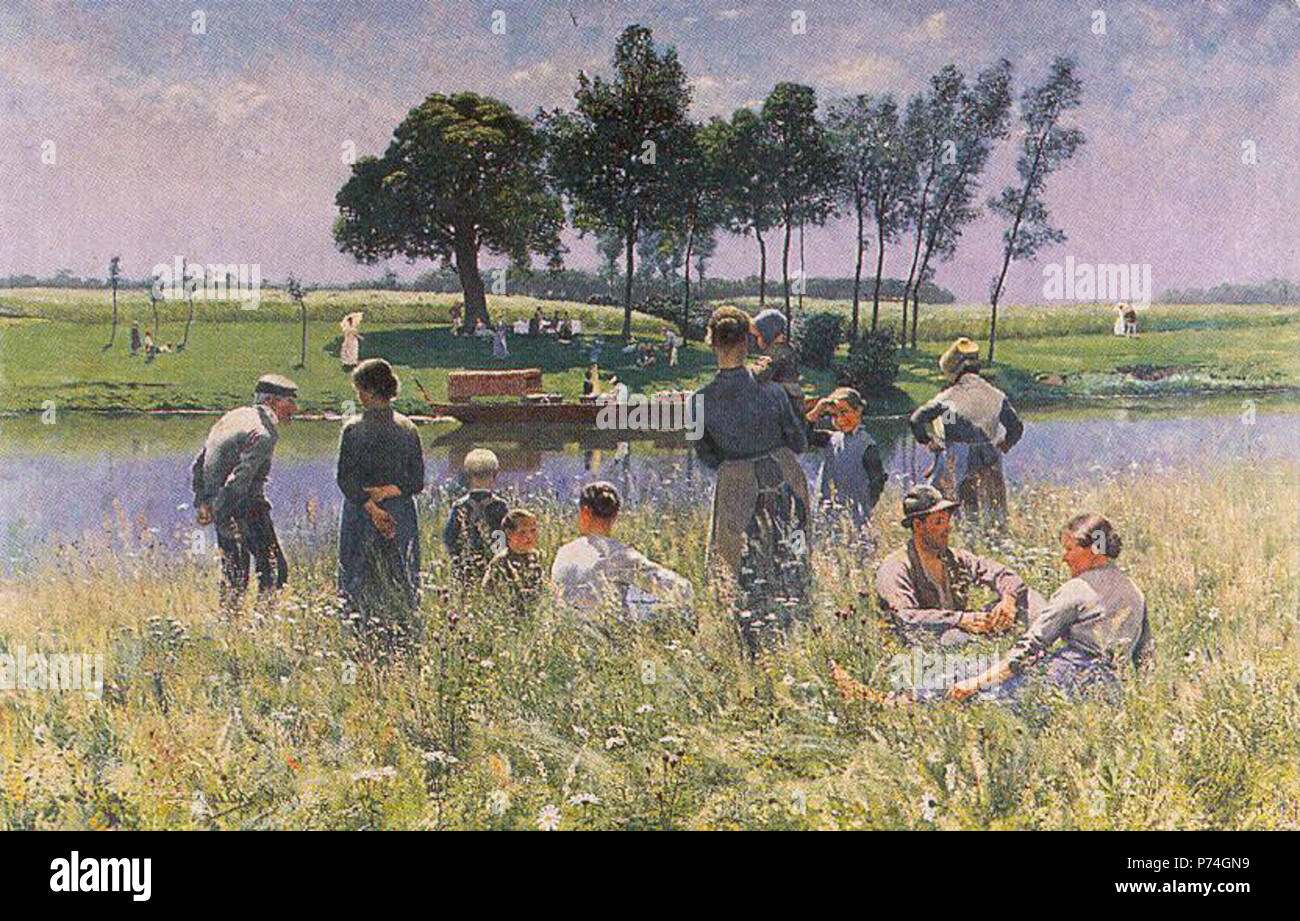 Inglese: dipinto di Emile Claus - "Il Picknick' Français : Peinture d'Emile Claus - 'Le pique-nique" ; achetée par le Musée Royal des Beaux-Arts d'Anvers. Il représente une sortie familiale, Onu dimanche, sur les Bords de la Lys (souvent peinte par E. Claus). Su inviato ici l'influenza de Claude Monet, et du luminisme qui un influencé Claus à partir de 1904. Sur une des berges, une famille de paysans, installés dans les herbes non fauchées et au soleil, osservare les familles de la borghesia locale qui pique-niquent sur la berge opposée, sur une sezione de berge plus arborée et entretenue . 1887 Foto Stock