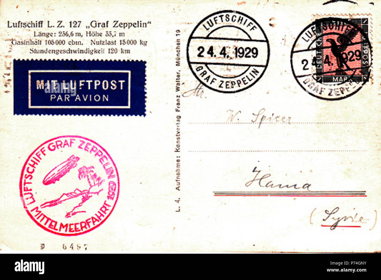 Inglese: volato ppc portato sul DLZ127 "Graf Zeppelin' su 'Mittelmeerfahrt' per la Siria 1929 (Cooper collezioni) Fotografia di uploader. 2 giugno 2008 (originale data di caricamento) 47 Mittelmeerfahrt 1929 Foto Stock