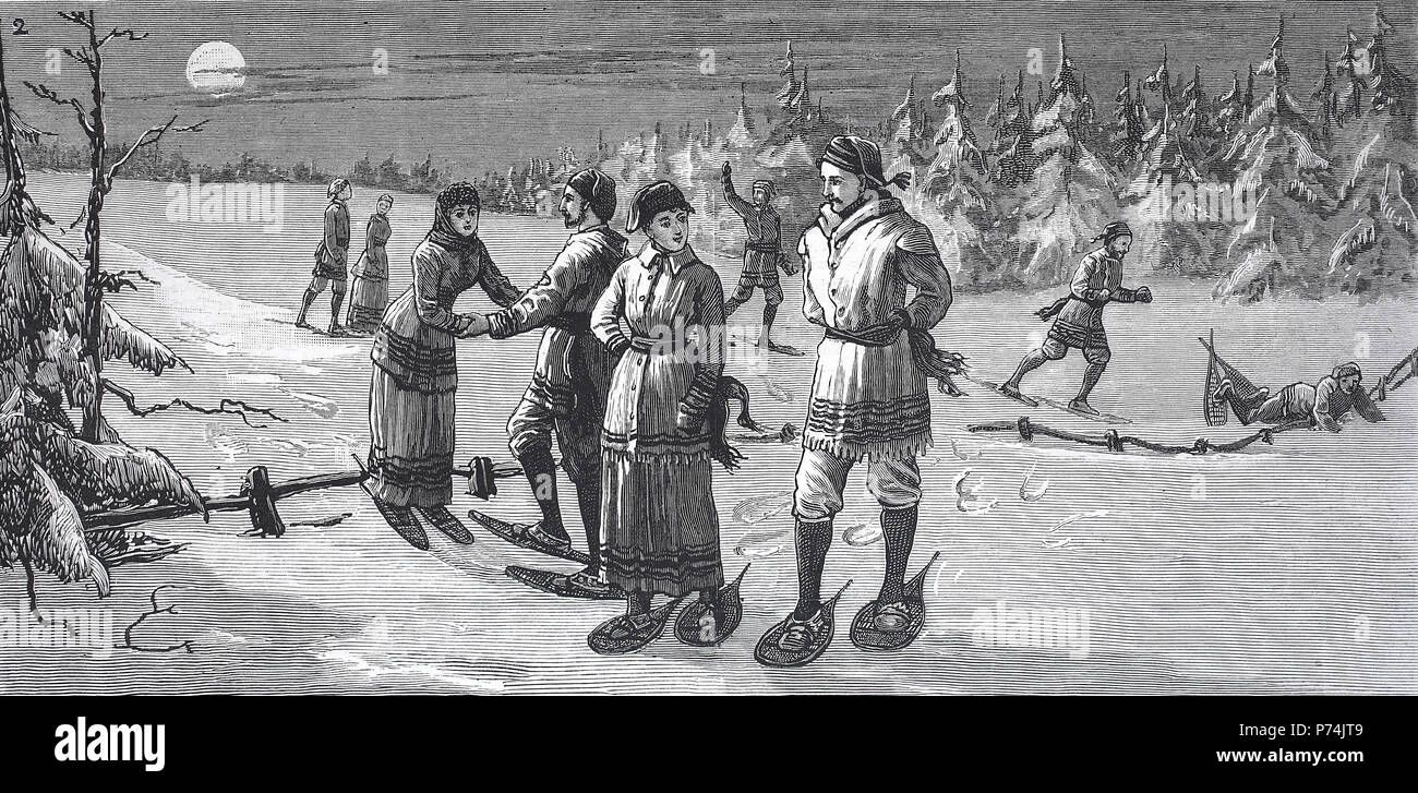 Sport invernali a Halifax, Nova Scotia, Moonlight camminare con le racchette da neve, digitale riproduzione migliorata da un originale stampa da l'anno 1881 Foto Stock