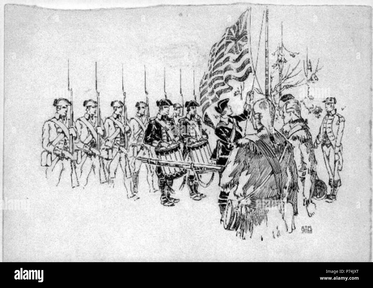 Inglese: il 1 gennaio 1776 ci si è issato il grand union flag, disegno a inchiostro di Arman Manookian, Honolulu Academy of Arts . 19202 174 su 1 Gennaio 1776 vi è stata issata la bandiera europea Foto Stock