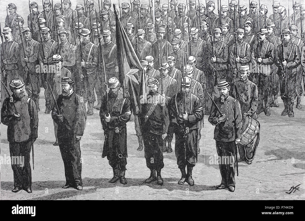 La guerra in Sud America, la campagna in Perù, 1880 - 1881. Il secondo reggimento Chilian esercito, su Parade, digitale riproduzione migliorata da un originale stampa da l'anno 1881 Foto Stock