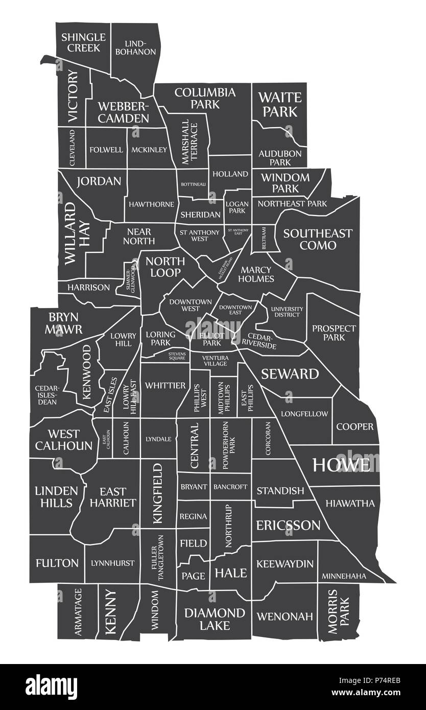Minneapolis Minnesota mappa della città USA etichettati illustrazione nero Illustrazione Vettoriale