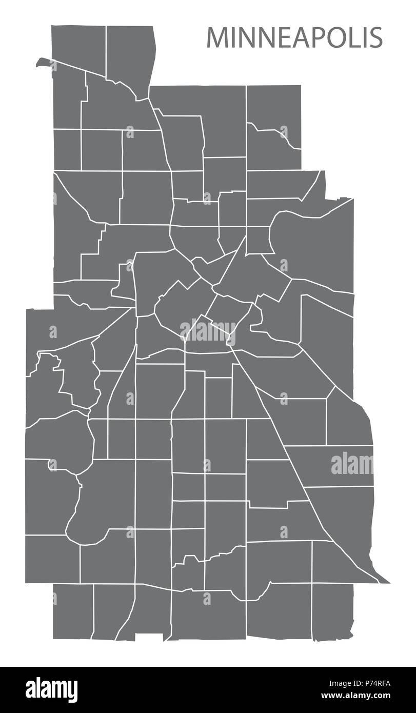 Minneapolis Minnesota mappa della città con i quartieri grigio illustrazione forma silhouette Illustrazione Vettoriale