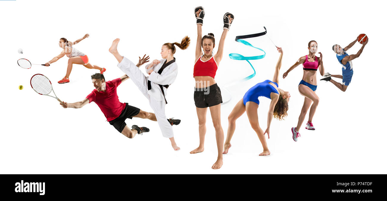 Sport collage circa kickboxing, pallacanestro, badminton, taekwondo, tennis, atletica, ginnastica ritmica, correre e saltare in altezza Foto Stock