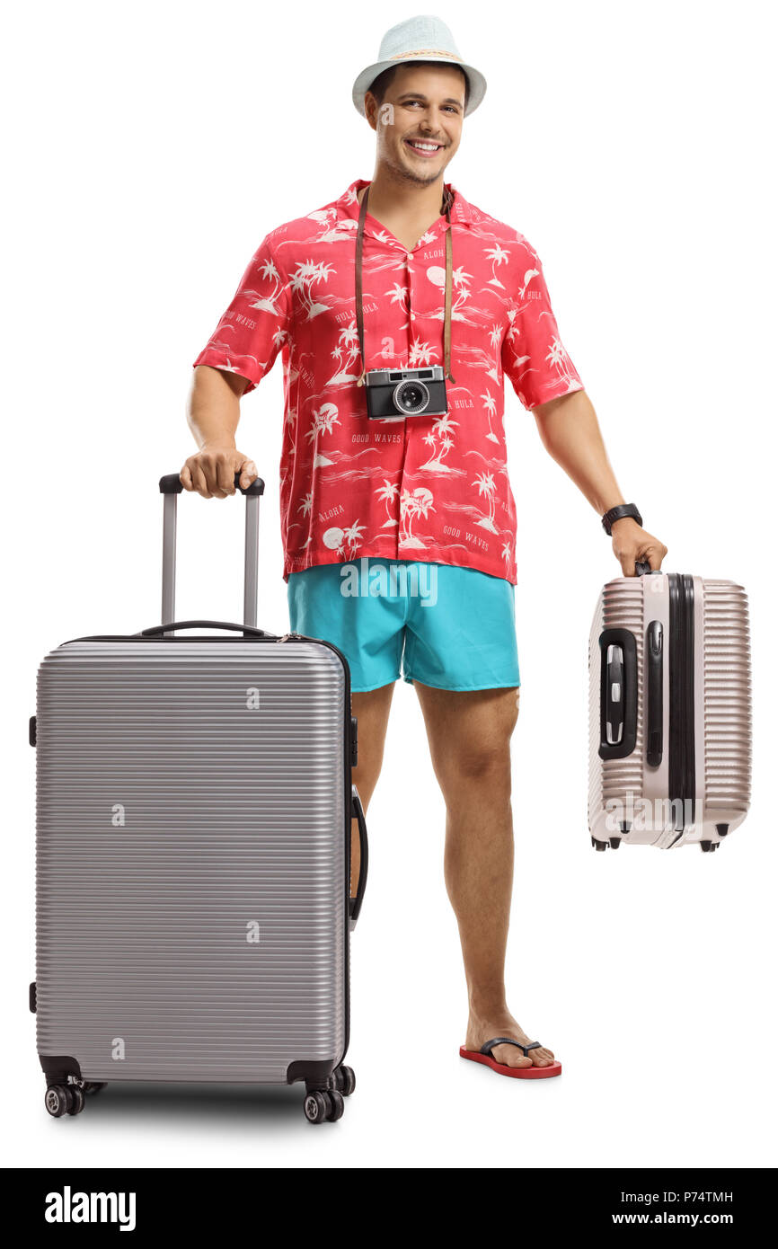 A piena lunghezza Ritratto di un turista con le valigie isolati su sfondo bianco Foto Stock