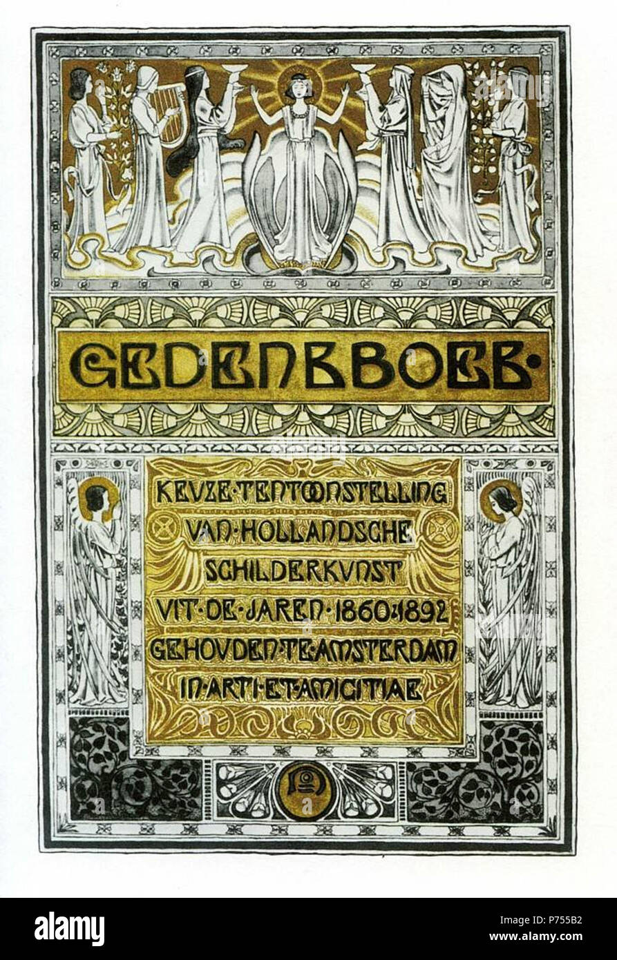 Inglese: Titolo pagina per Gedenkboek [circa il Nederlands dipinti dal 1860 al 1892], Amsterdam, 1893, stampa litografica, dim. : 33,4 x 21,2 cm. 1893 11 Antoon Johan der Kinderen - Gedenkboek 1893 Foto Stock