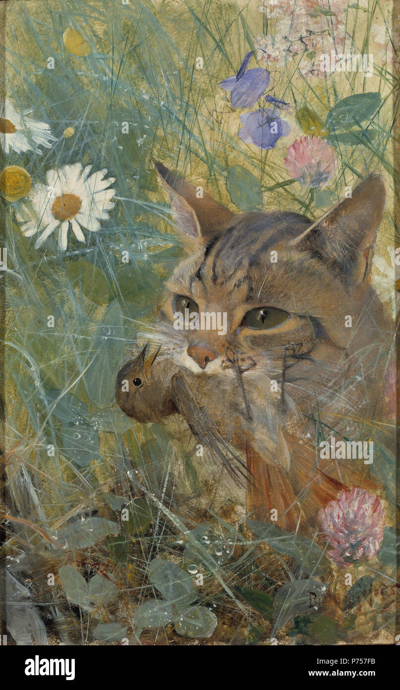 . Inglese: un gatto con un uccello giovane nella sua bocca. Cinque studi in una trama NM 2223-2227 Svenska: Katt med fågelunge mi mun. En av djurstudier fem i samma ram, NM 2223-2227 1885 2 un gatto con un uccello giovane nella sua bocca. Cinque studi in una trama NM 2223-2227 (Bruno Liljefors) - Nationalmuseum - 19287 Foto Stock