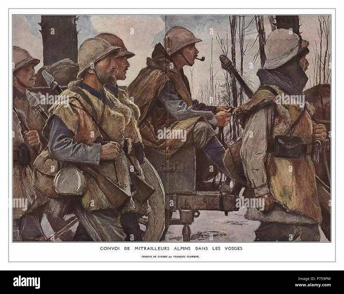 Una mitragliatrice compagnia di Chasseurs Alpins in arido paesaggio invernale dei Vosgi, dipinto da en:François Flameng, fonte: [1]. Verniciate durante en:I Guerra Mondiale 1914-198. 4 giugno 2006 (originale data di caricamento) 5 una società Machine-Gun di Chasseurs Alpins in arido paesaggio invernale dei Vosgi. dipinto da Francois Flamenge Foto Stock