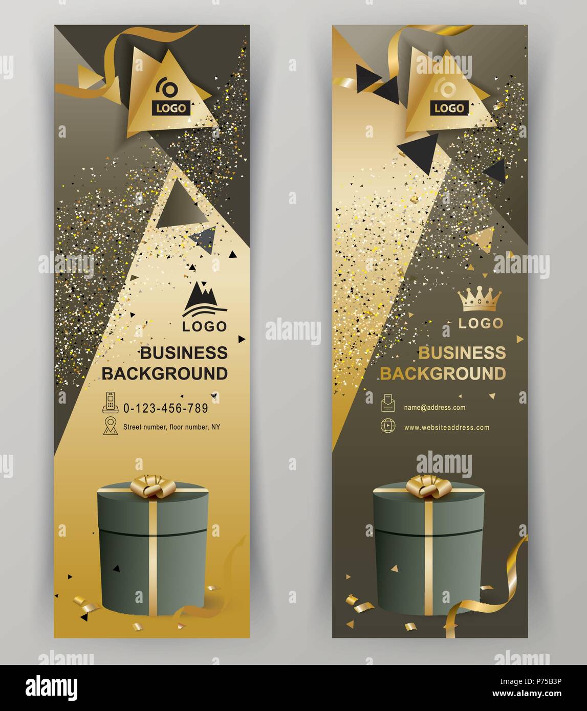 Verticale oro lusso banner marrone con verde regalo. Triangolo di elementi di design Illustrazione Vettoriale