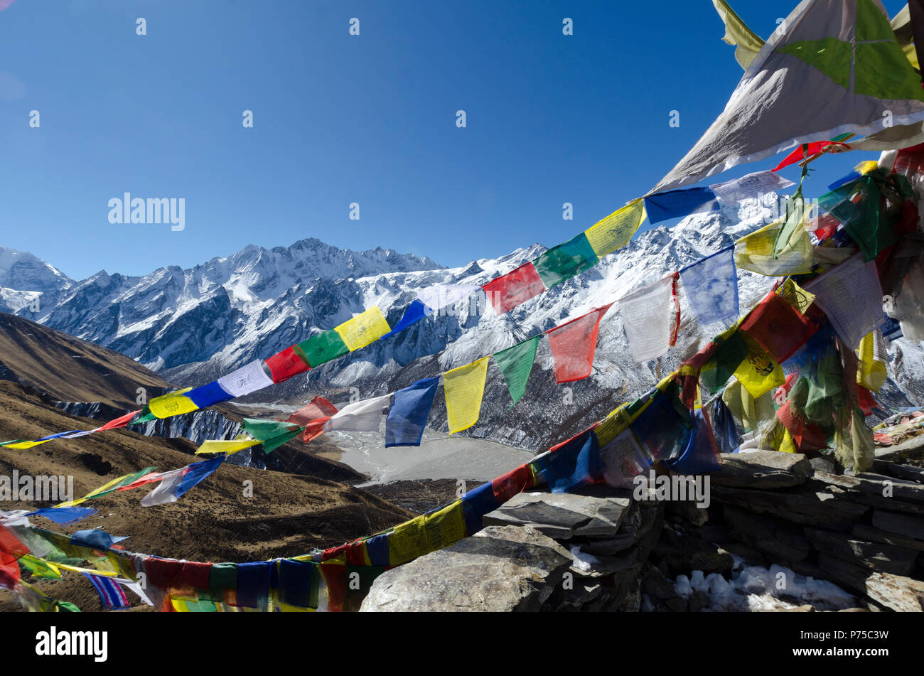 Bandiere di preghiera e montagne coperte di neve, vicino Kyanjin Gompa, Langtang Valley, Nepal Foto Stock