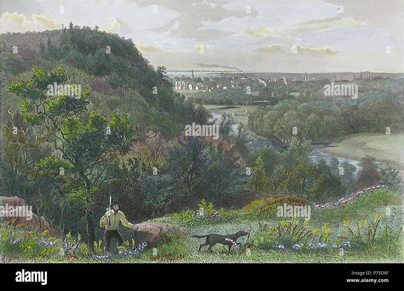 . Oriente Rock, New Haven . Inglese: Oriente Rock, New Haven, una incisione in acciaio da uno studio di Casimir Clayton Griswold (1834-1918), incisa da Samuel Valentine Hunt (1803-1893) e pubblicata nella pittoresca America, D. Appleton & Company, New York, New York 1872. Questo mostra il mulino sul fiume. . 1872 17 East Rock, New Haven Foto Stock