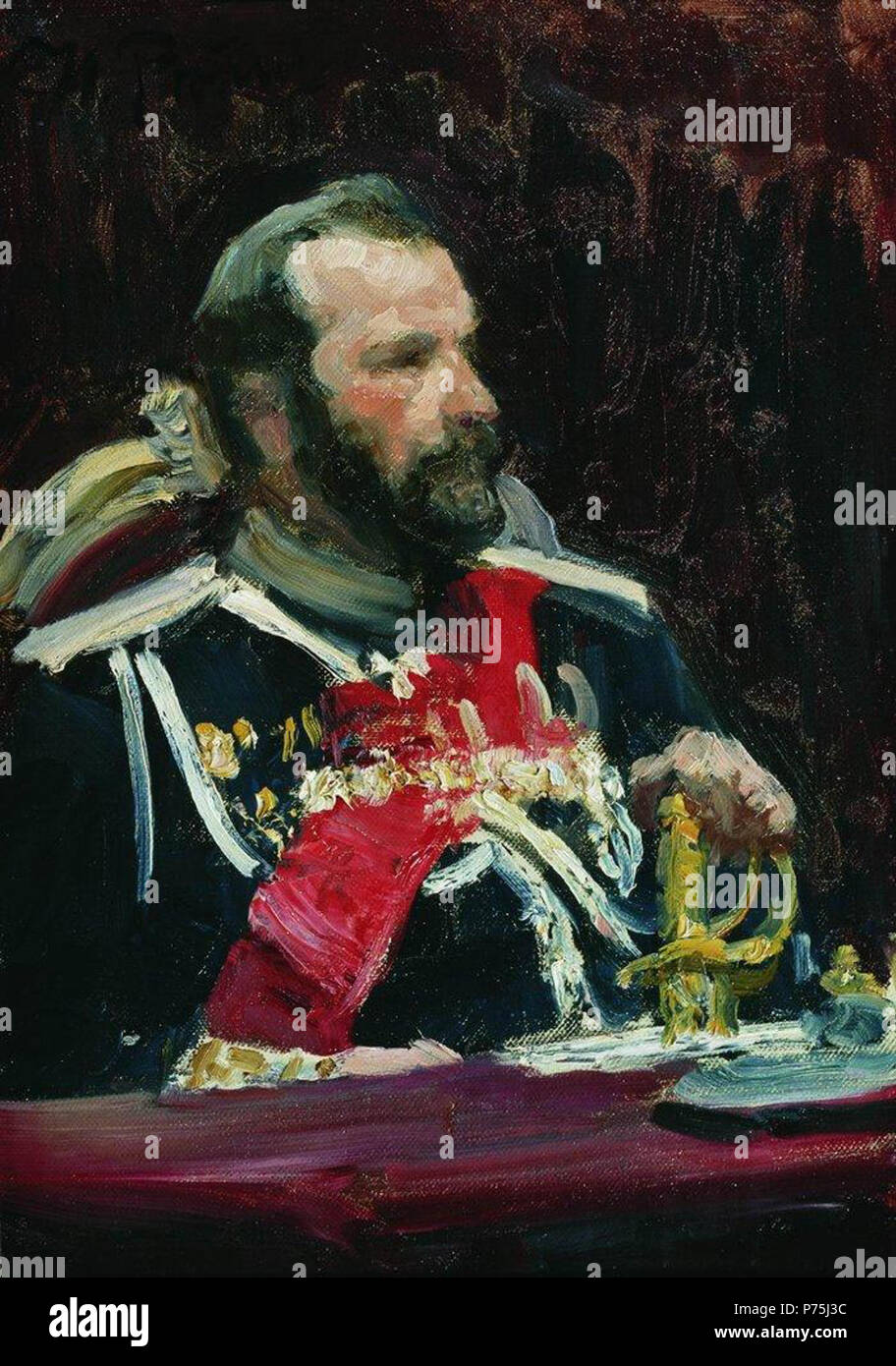 Inglese: Ritratto di ministro della guerra, fanteria generale e membro del Consiglio di Stato membro Aleksei Nikolayevich Kuropatkin. Studio per la foto Sessione formale del Consiglio di Stato. Olio su tela. 62 × 44 cm. Area di conservazione dello stato unified museo di storia, architettura e arte, Pskov. Español: Retrato del ministro de la guerra, il generale de infantería y miembro del Consejo de Estado Alekséi Nikoláyevich Kuropátkin. Estudio para el cuadro solemne Sesión del Consejo de Estado. Óleo sobre lienzo. 62 × 44 cm. Área de conservación del Museo estatal unificado de Historia, Arquitectura y Arte, Ps Foto Stock