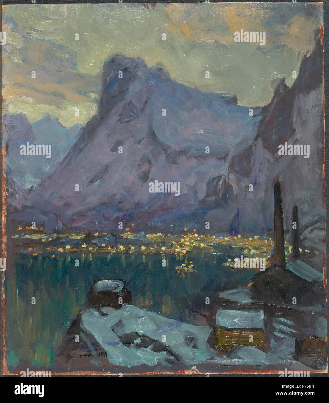 . Inglese: Svolvaer porto all'altezza della stagione di pesca.Studio da Lofoten Svenska: Svolvaers hamn sotto storfisket. Studie från Lofoten 1934 220 Svolvaer porto all'altezza della stagione di pesca.Studio da Lofoten (Anna Boberg) - Nationalmuseum - 20517 Foto Stock