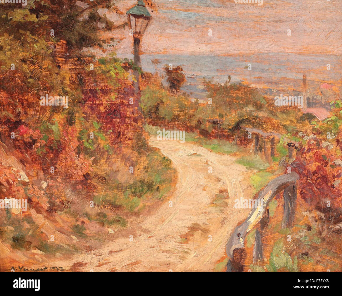 Român: Peisaj de var, ulei pe lemn, 22 × 28,5 cm . 1923 170 Nicolae Vermont - Peisaj de vara Foto Stock