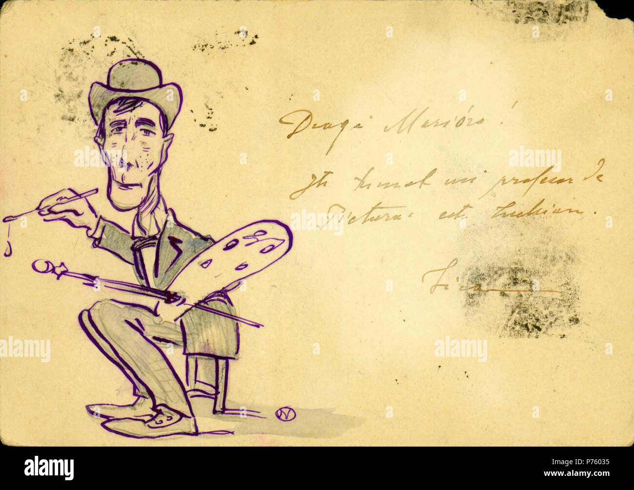 Român: Caricatura artistului Luchian pictând. Cerneal albastr ho creion pe potal carte. Proveniena: Col. Aricescu; B.A.R. inv. 6509 . Data sconosciuta 171 NSPetrescuGaina - Caricatura artistului Luchian pictand Foto Stock