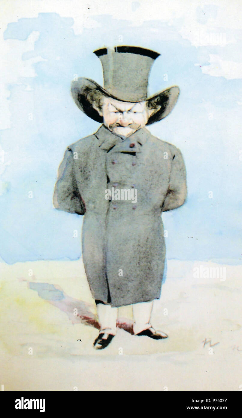 Inglese: acquerello caricatura di C. I. Stncescu, un rumeno artista accademico. L'immagine è la versione iniziale di un grande poster che è stato sbandierato dagli artisti che hanno organizzato Bucarest Independenilor Salonul ("Independents' Salon") nel 1896. 1896 171 NSPetrescuGaina - CI Stancescu se plimba Foto Stock