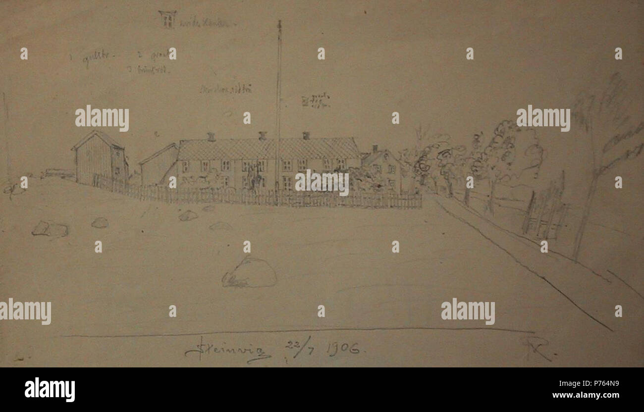 Norsk bokmål: Ronanders fremstilling Steinvik av på Skatval. Blyantskisse, 25 x 19,5 cm. . 22 Luglio 1906 203 Ronander Steinvik (1) Foto Stock