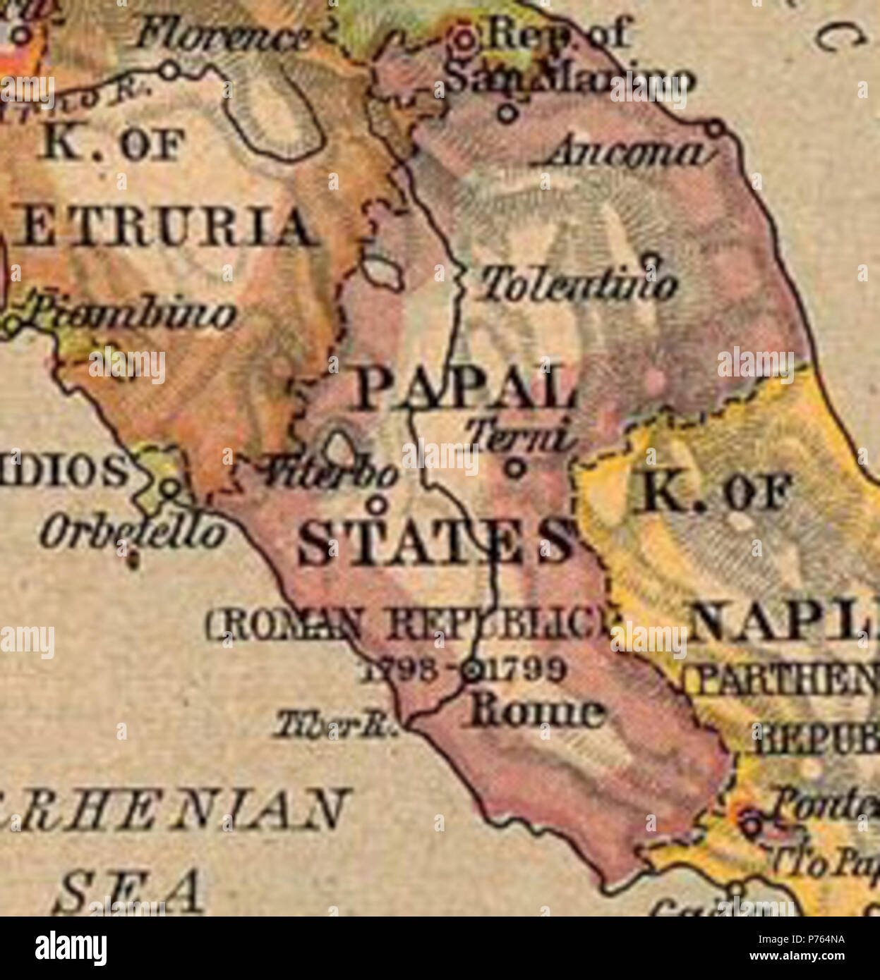 Nederlands: Romeinse Republiek (1798-1799) - uitsnede van bron: Perry Castañeda Map Collection (alles PD): [1], zie ook FAQ en Usage dichiarazione 'cortesia dell'Università del Texas librerie, la University of Texas di Austin.' . 1926 203 RoRe Foto Stock