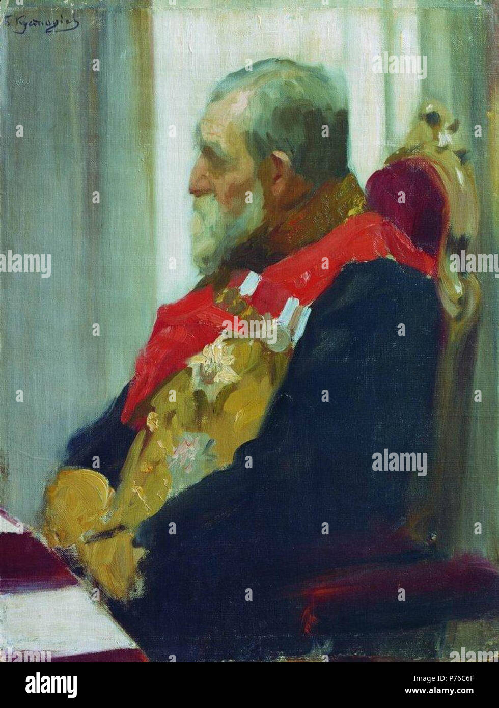 Inglese: Ritratto di membro del Consiglio di Stato Pyotr Ivanovich Salomon. Studio per la foto Sessione formale del Consiglio di Stato. Olio su tela pannello. 61,7 × 46,5 cm. Lo State Russian Museum di San Pietroburgo. Español: Retrato del miembro del Consejo de Estado Piotr Ivánovich Salomón. Estudio para el cuadro solemne Sesión del Consejo de Estado. Óleo sobre cartón entelado. 61,7 × 46,5 cm. Museo estatal ruso, Petersburgo di San. : . . , . 61,7 × 46,5 . , -. Tra il 1902 e il 1903 209 Salomon da Kustodiev Foto Stock