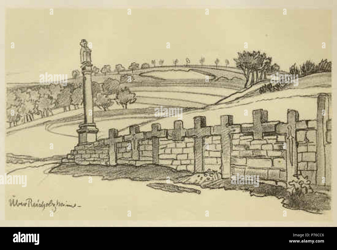 Steinkreuze bei Reicholzheim. Druck von 1925 auf getönter Tafel. Druck von 1925 auf getönter Tafel. 210 Schiestl reicholzheim Foto Stock