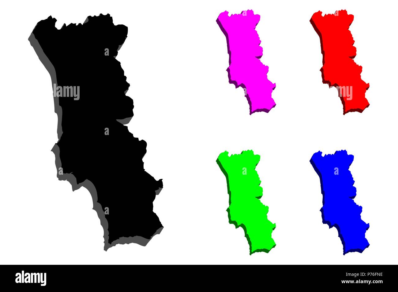 Mappa 3D di Portogallo (Repubblica portoghese) - nero, rosso, viola, blu e verde - illustrazione vettoriale Illustrazione Vettoriale