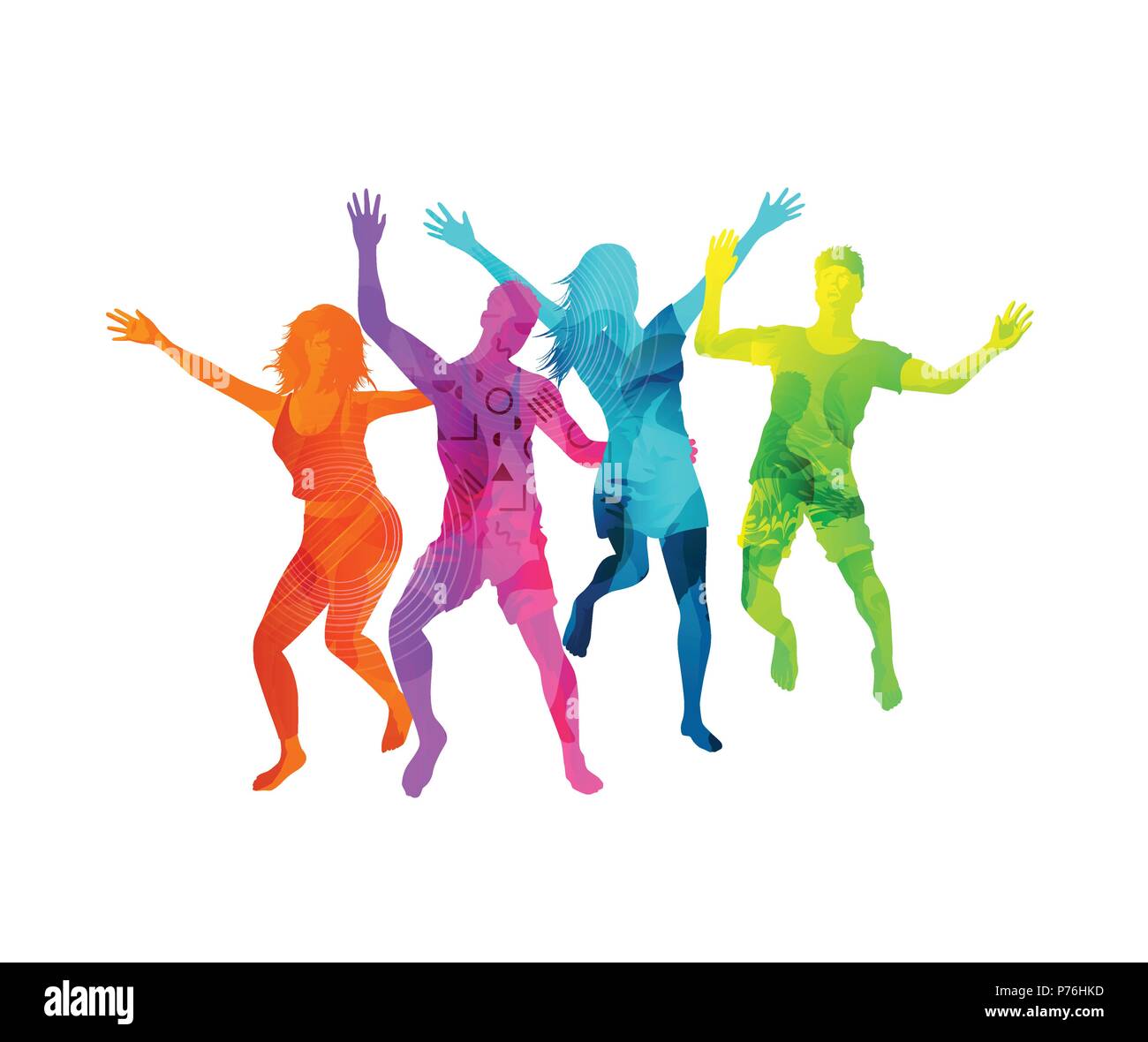 Un gruppo di felice e giovani attivi saltando in trame colorate isolato su uno sfondo bianco. Illustrazione Vettoriale. Illustrazione Vettoriale