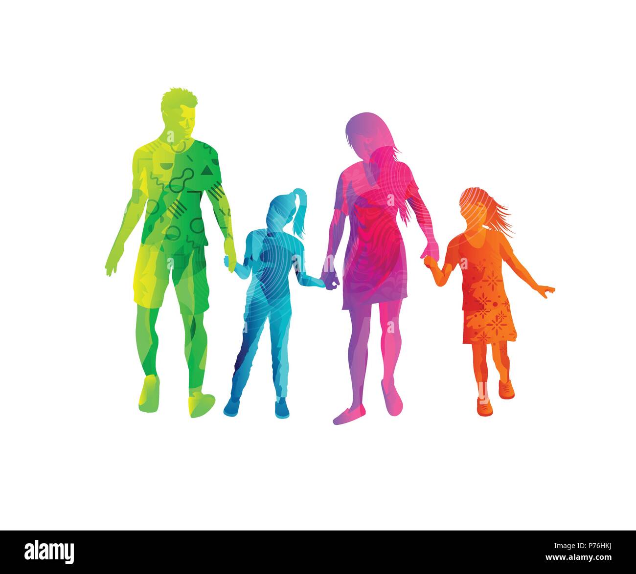 Una famiglia felice godendo di camminare insieme e tenendo le mani in colorate texture. Illustrazione Vettoriale Illustrazione Vettoriale