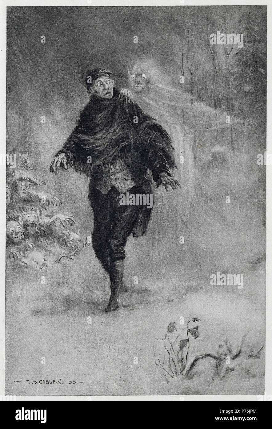 . "Cosa paurosi forme e ombre affliggono il suo percorso in mezzo dim e pessimo il bagliore di una notte nevosa!" . Ikabod gru immaginando un fantoccio a sua spalla. American Ghost Story e racconto popolare. 1899 1 Cosa paurosi forme e ombre affliggono il suo percorso - La Leggenda di Sleepy Hollow (1899), frontespizio - BL Foto Stock