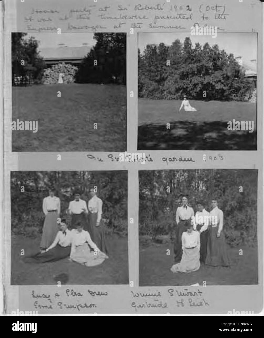 . Inglese: House Party a Sir Robert's, Ottobre 1902 . Inglese: scritto sulla pagina: House Party a Sir Robert's (Ottobre, 1902). È stato in questo momento siamo stati presentati all'Empress Dowager presso il Palazzo Estivo . In senso orario da sinistra in alto: Viste di Sir Robert's garden, Lucy & Elsa ha attirato e Esme Simpson nel Sir Robert's garden, Winnie Stewart, Gertrude McLeish nel Sir Robert's garden PH Coll 214.C5 . 1902 6 House Party a Sir Robert's, ottobre 1902 (CHANDLESS 87) Foto Stock