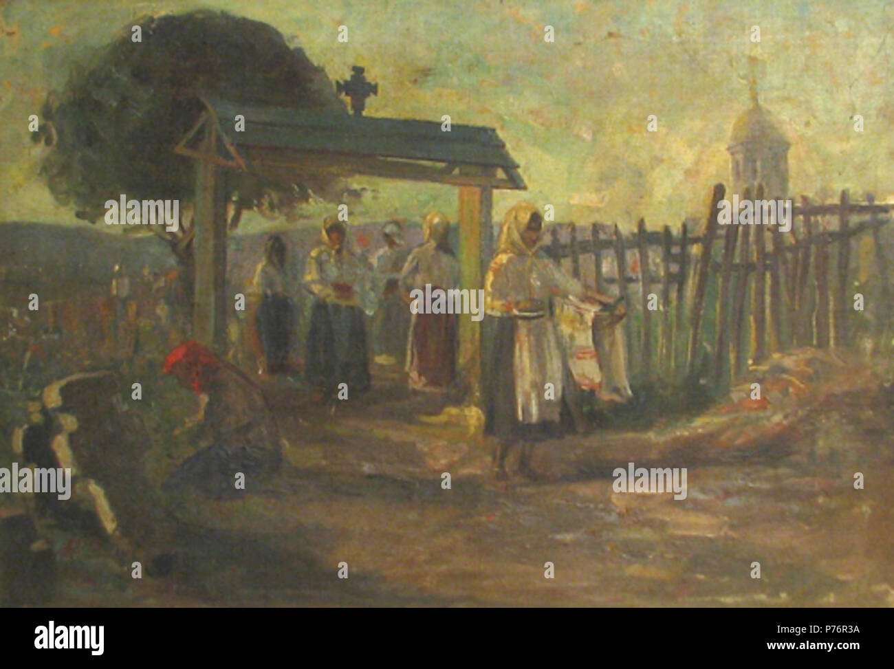 Român: Alexandru Satmary - Femei la parastas, semnat dreapta jos in creion, ulei pe panza, 44.5x64cm. 8 Alexandru Satmary - Femei la parastas Foto Stock