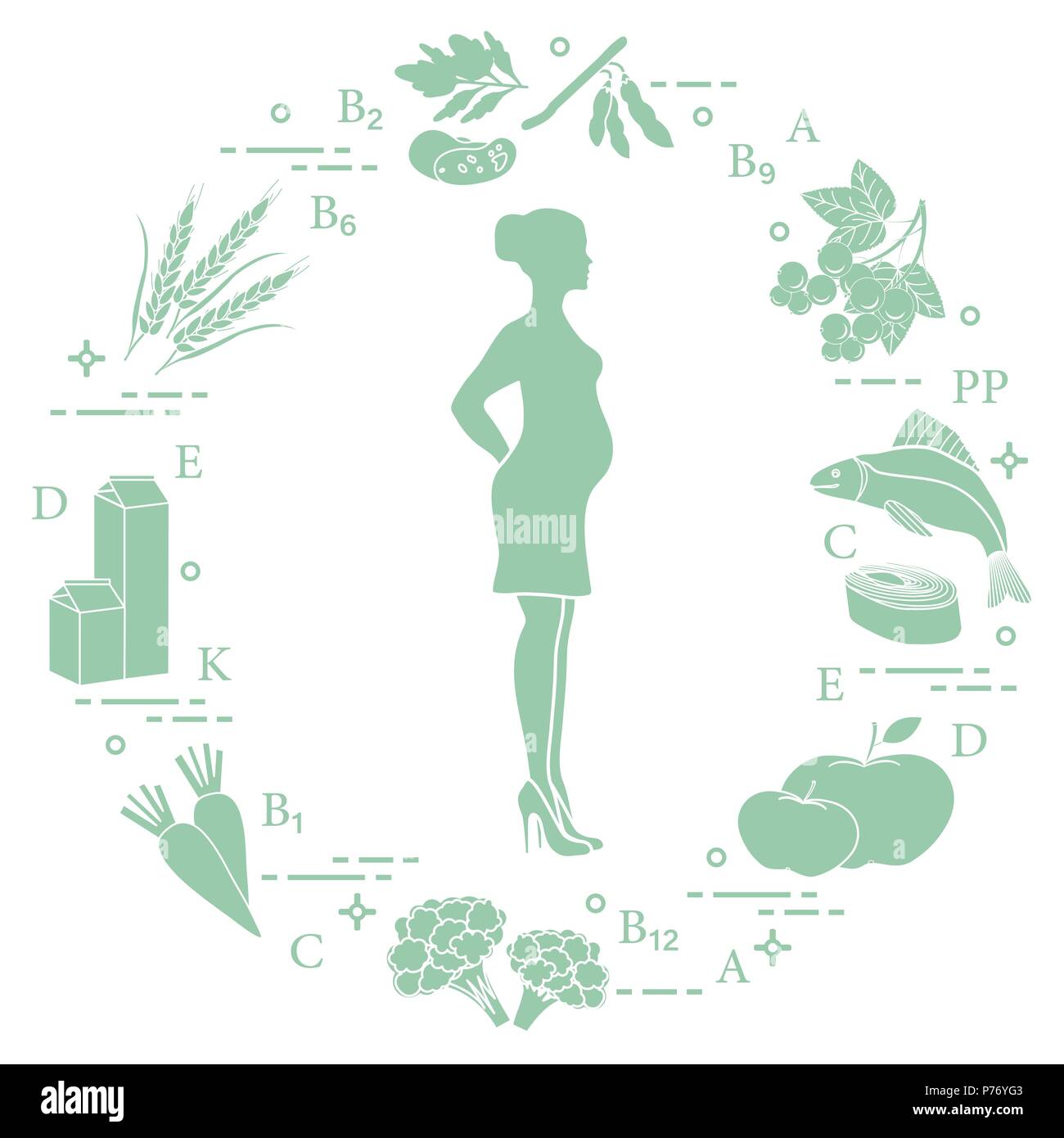 Donna incinta e di cibi ricchi di vitamine utili per le donne in gravidanza. Pesci, mele, cavolfiore, carote, prodotti lattiero-caseari, il ribes nero, soia, siamo Illustrazione Vettoriale