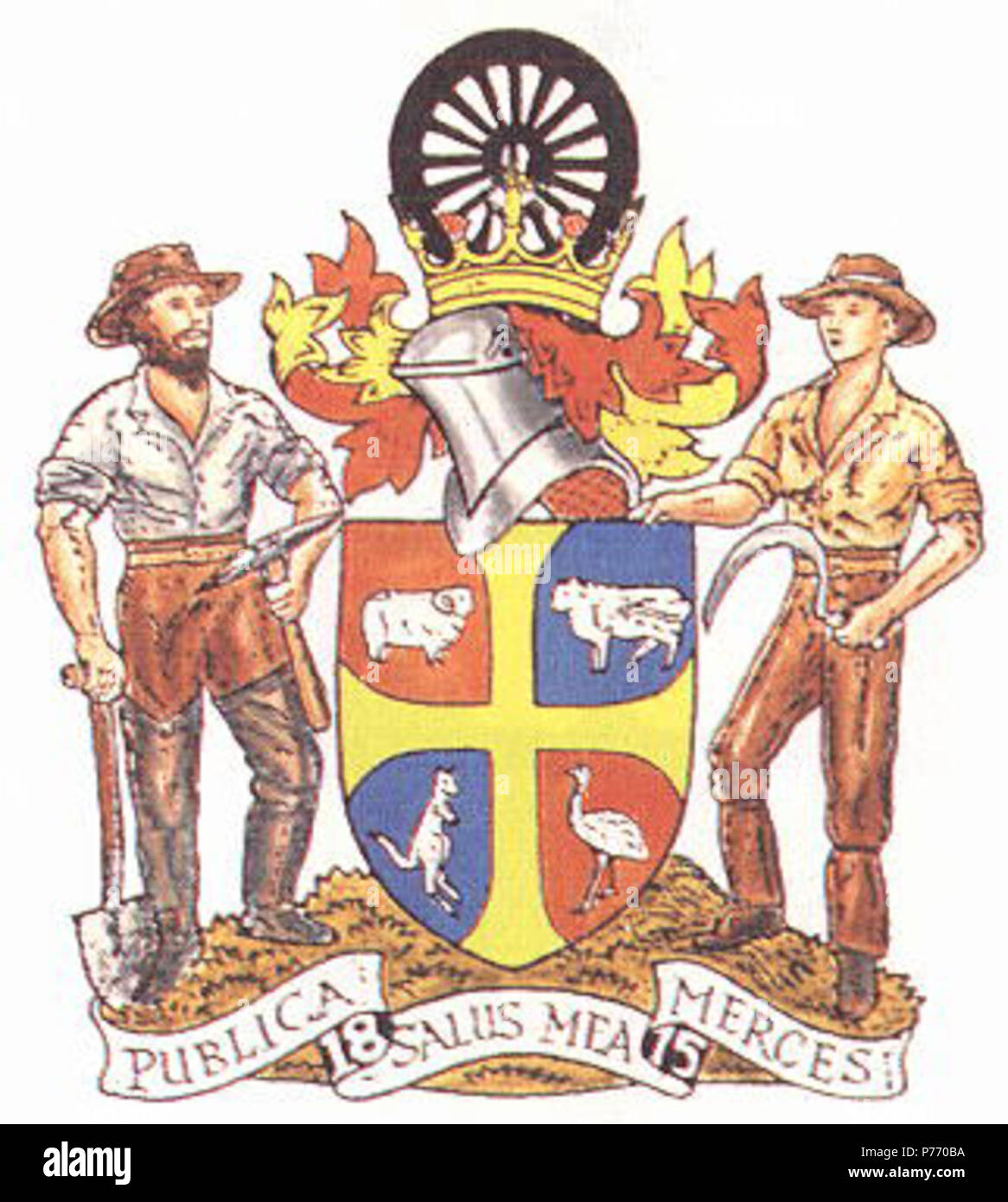 Inglese: Bathurst Stemma della città sono stati concessi il 6 settembre  1960. I bracci rappresentano le miniere d'oro del periodo e la successiva  liquidazione della terra con un minatore tenendo una pala