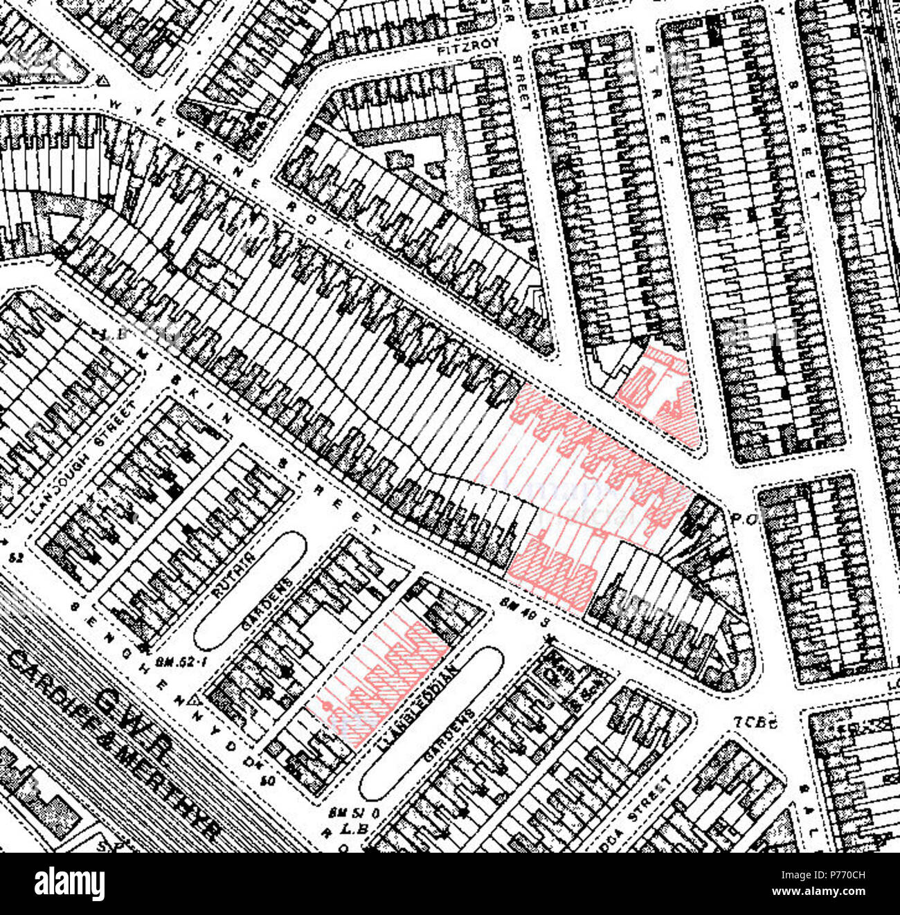 Inglese: Mappa dei danni in Cathays durante il blitz di Cardiff causato quando 2 paracadute mine fatte detonare, uccidendo 23 persone. 7 Marzo 2017 1 Cathays mine terrestri 29 Aprile 1941 Foto Stock