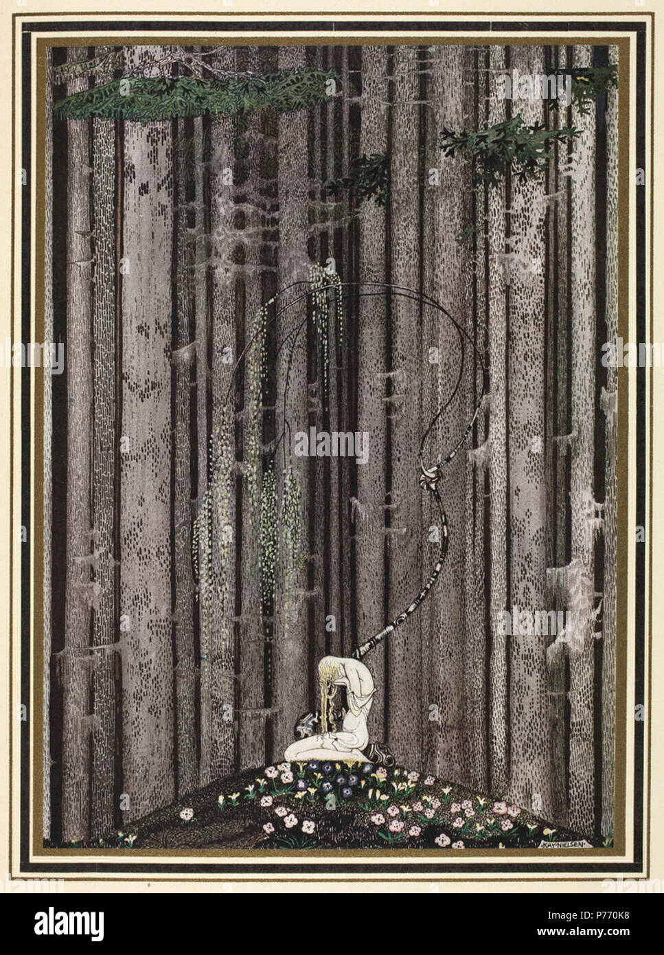 Inglese: "E allora ella giaceva su un po' di patch di verde nel mezzo del cupo legno spesso' illustrazione di Kay Nielsen in oriente del sole e ad ovest della luna (1914). Nei primi anni del ventesimo secolo numerosi editori inglese ha rilasciato una serie di collezionista di edizioni di Letteratura per bambini. Questi dono libri, appositamente legato in oro-cesellata vellum, erano riccamente illustrato con le piastre colorate dai migliori illustratori del tempo come Arthur Rackham, Edmund Dulac, Hugh Thomson e Heath Robinson. Uno dei più impressionanti è a est del sole e ad ovest della luna illustrato dal danese malato Foto Stock