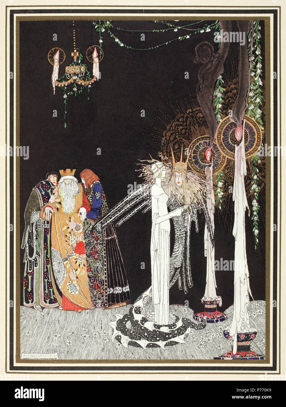 Inglese: "Egli vide il Lindworm per la prima volta come egli entrò e si fermò presso il suo lato' illustrazione di Kay Nielsen in oriente del sole e ad ovest della luna (1914). Nei primi anni del ventesimo secolo numerosi editori inglese ha rilasciato una serie di collezionista di edizioni di Letteratura per bambini. Questi dono libri, appositamente legato in oro-cesellata vellum, erano riccamente illustrato con le piastre colorate dai migliori illustratori del tempo come Arthur Rackham, Edmund Dulac, Hugh Thomson e Heath Robinson. Uno dei più impressionanti è a est del sole e ad ovest della luna illustrato dal danese illust Foto Stock