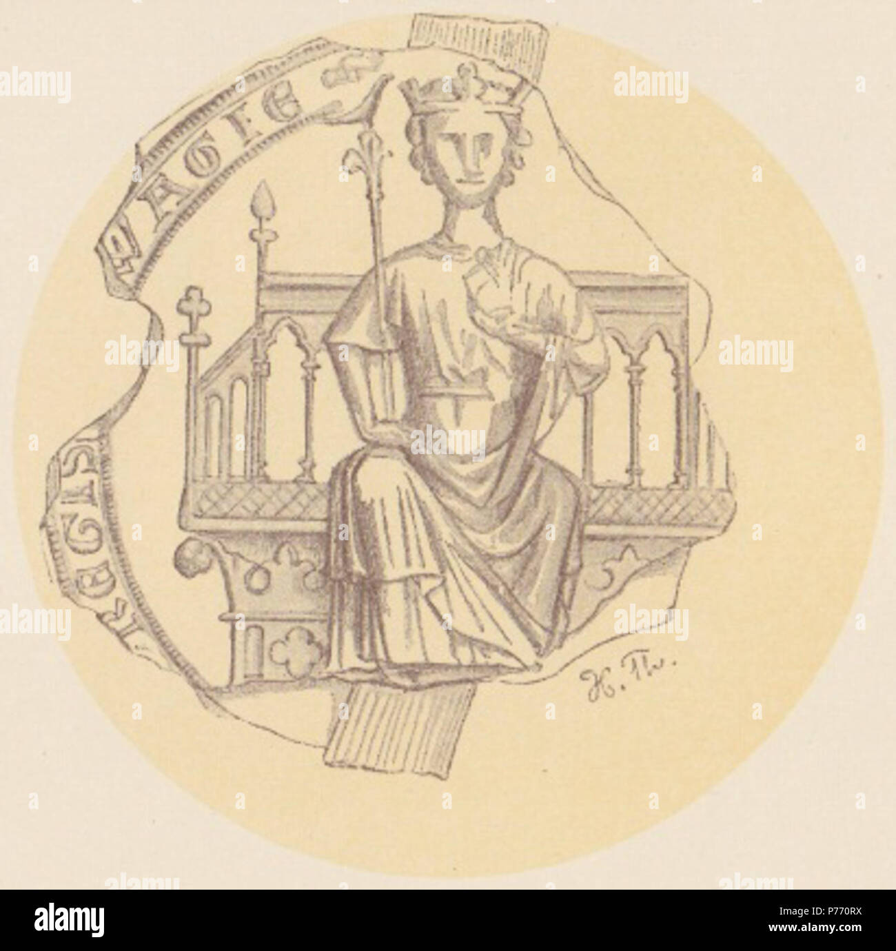 Inglese: guarnizione (anteriore) del re Magnus VI Haakonsson di Norvegia, dal documento datato 18. lug. 1278, Tønsberg. Testo: '[Sigillvm Magni Haconis () filiii () dei gracia] REGIS [né]WAGIE'. 3 Agosto 2012 2 Kong Magnus Haakonsson PI VI 1 Foto Stock