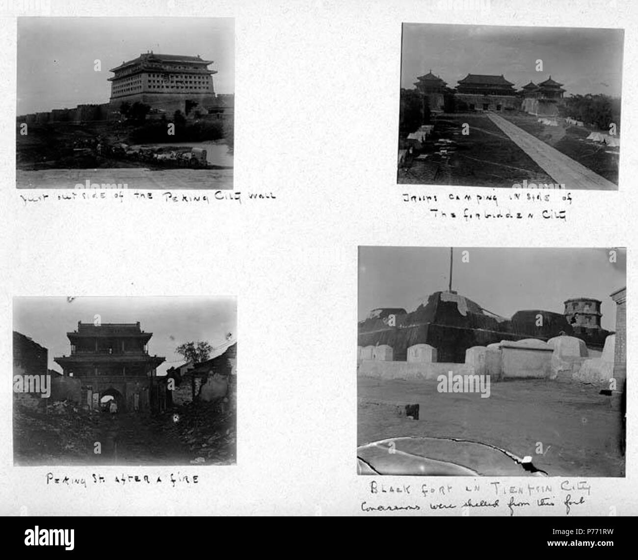 . Inglese: 7.30 scene da Pechino e Tientsin, ca. 1899-1901 . Inglese: didascalie sulla pagina album: appena fuori della città di Pechino parete; truppe camping all interno della Città Proibita di Pechino; San dopo un incendio; Nero fort nel Tien Tsin Città, concessioni sono state sgusciate da questo fort . PH Coll 241.B30a-d soggetti (LCTGM): danni di guerra--Cina - Pechino; danni di guerra--China-Tianjin soldati;--Cina - Pechino; i campi militari--Cina - Pechino; castelli e palazzi--Cina - Pechino; fortezze e fortificazioni--China-Tianjin soggetti (LCSH): China-storia--Boxer Rebellion, 1899-1901--la distruzione e il saccheggio; Vietato C Foto Stock